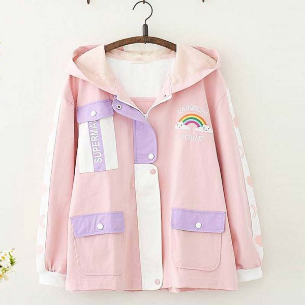 Cute School Student Rainbow Embroidery Hooded Jacket Outerwear - Modakawa Modakawa