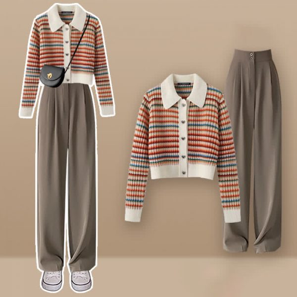 Colorblock Stripe Rainbow Cardigan Sweater Casual Pants Two Pieces - Modakawa modakawa