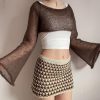 Chic Bell Sleeve See Through Hollow Out Crochet Crop Top - Modakawa Modakawa