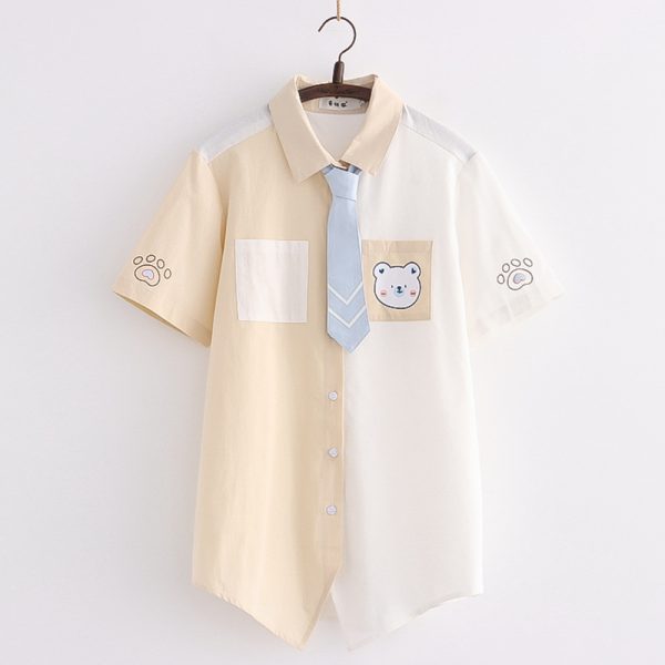 Cartoon Bear Print Colorblock Pocket Tie T-Shirt - Modakawa modakawa