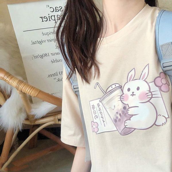 Cartoon Bunny Milk Tea Print Casual T-Shirt - Modakawa modakawa