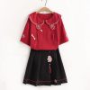 Flower Embroidery Buckle T-Shirt Skirt Set - Modakawa Modakawa