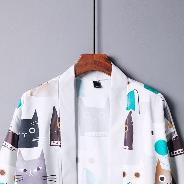 Cartoon Cat Print Vintage Kimono Outerwear - Modakawa modakawa