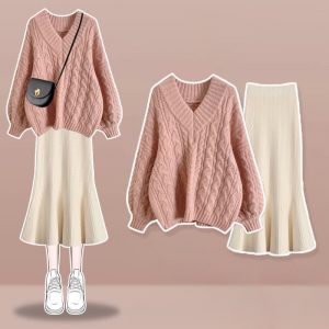 V-neck Cable Sweater Fishtail Skirt Two Pieces Set - Modakawa modakawa